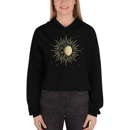Sun Moon Women Cropped Hoodie, Crescent Half Constellation Aesthetic Graphic Hooded Pullover Sweatshirt Cotton Crop Top