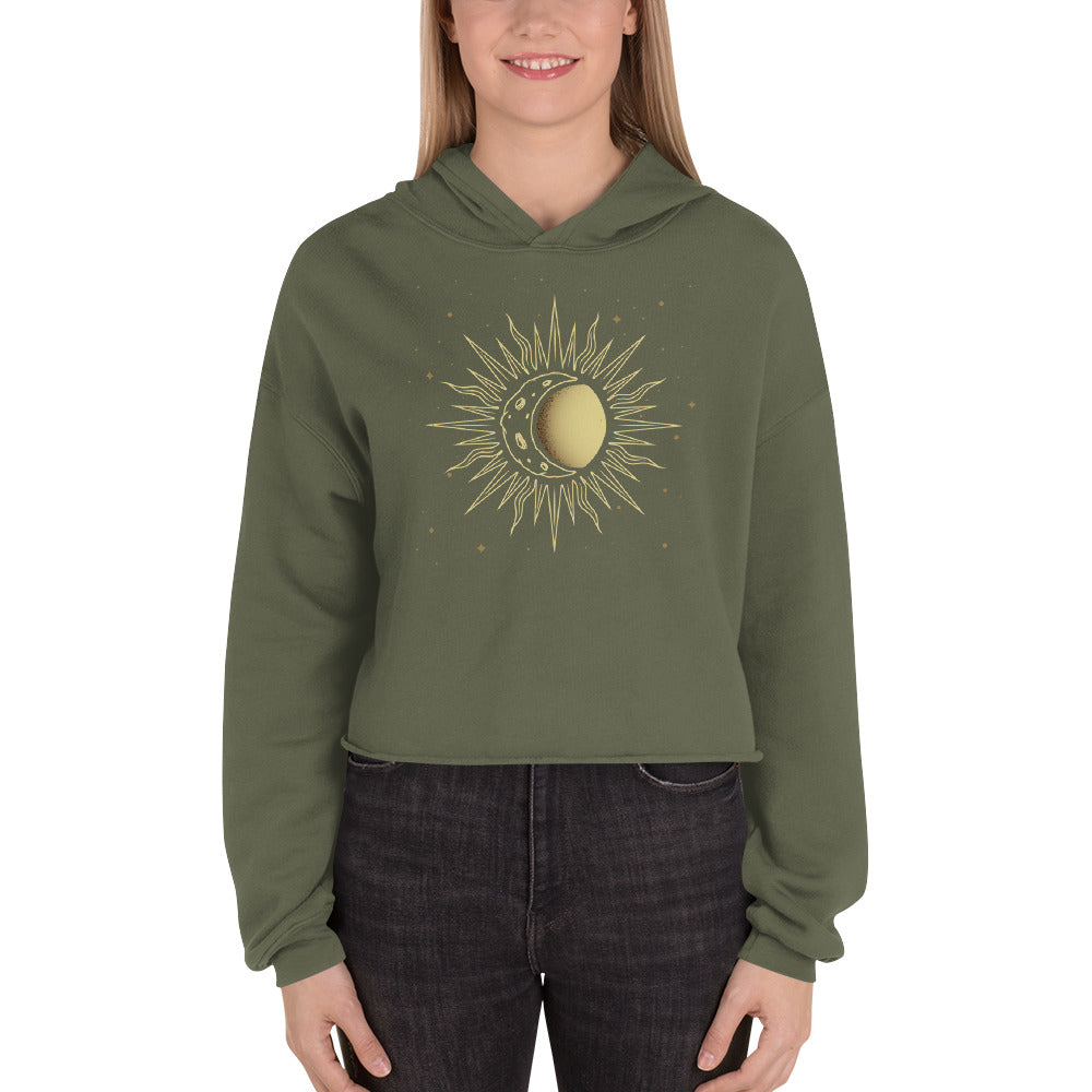 Sun Moon Women Cropped Hoodie, Crescent Half Constellation Aesthetic Graphic Hooded Pullover Sweatshirt Cotton Crop Top